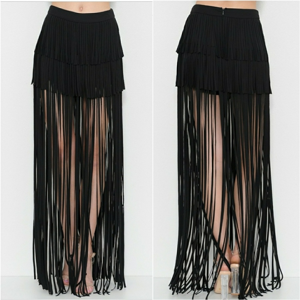 LAST 1BLACK FRINGED DETAIL MAXI SKIRT - Picture 2 of 3